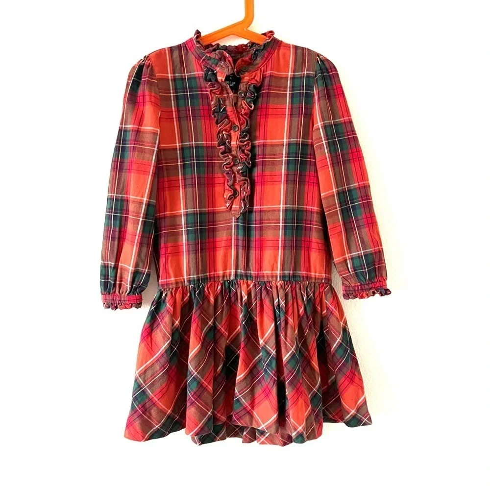 Ralph Lauren Girl’s Red Black Plaid Holiday Cotton Flannel Ruffle Dress SZ 5